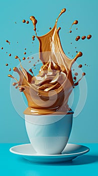 Dynamic Splash of Coffee with Cream in White Cup on Blue Background High Speed Photography Creative Concept