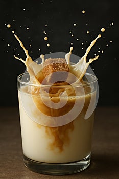 Dynamic Splash of Coffee Creamer or Milk with a Falling Brown Sugar Cube AI-GENERATED