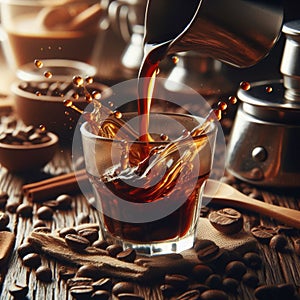 Dynamic Splash in Coffee Pouring Moment