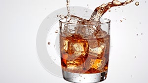 dynamic splash of a cola being poured into a glass filled with ice isolated on white