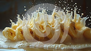 Dynamic Splash of Creamy Banana and Milk with Droplets