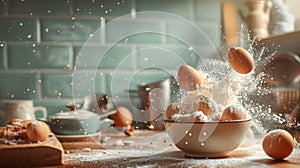 Dynamic splash of eggs and flour in a rustic kitchen scene