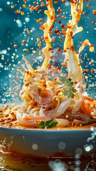 Dynamic Splash with Flying Noodles and Sauce Droplets Against Blue Background, High Speed Food Photography