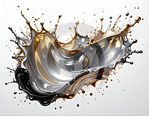 Dynamic Splash of Gold Silver and Black Liquid