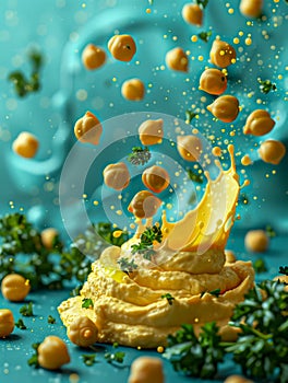 Dynamic Splash of Hummus with Flying Chickpeas and Fresh Parsley on a Vibrant Blue Background Culinary Art Concept