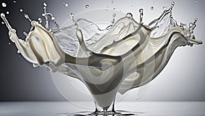 Dynamic splash of milk captured mid-air with dramatic lighting on reflective surface, high-speed photography