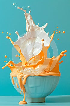 Dynamic Splash of Milk and Orange Liquid in Blue Bowl on Turquoise Background High Speed Photography Concept