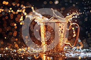 Dynamic splash in Moscow Mule copper mug on a black background