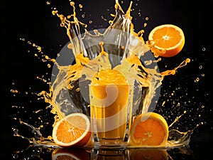 Dynamic splash of orange juice around glass with fresh oranges on reflective black surface