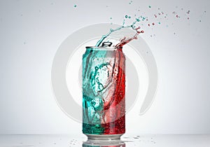 Dynamic splash of red and teal liquid erupting from a soda can isolated on white background