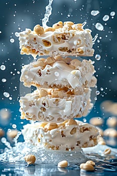 Dynamic Splash Surrounding Stack of White Chocolate and Peanut Bars on Blue Background