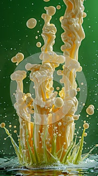 Dynamic Splash with Vivid Yellow and Green Colors, High Speed Liquid Motion Photography, Abstract Fluid Art Concept