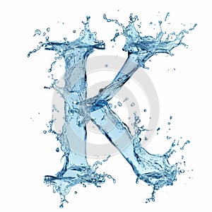Dynamic splash of water forming the shape of the letter K, captured with high detail against a white background. on.