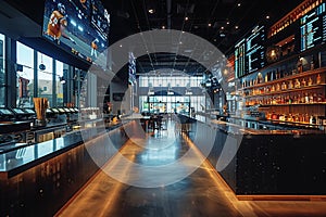 Dynamic sports bar with large screens and memorabilia displays