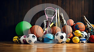 Dynamic Sports Equipment Composition on Glossy Wooden Floor