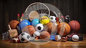 Dynamic Sports Equipment Composition on Glossy Wooden Floor