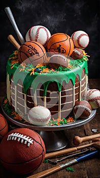 Dynamic Sports-Themed Cake: Edible Fondant Replicas of Sports Equipment