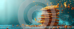 Dynamic Stack of Crispy Golden Cookies with Crumbs Flying on Vibrant Blue Background