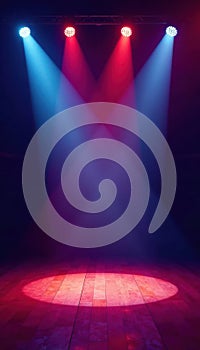 Dynamic stage lighting illuminates empty concert platform, setup, disco