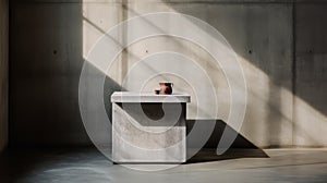 Dynamic Still Life: Raw And Edgy Concrete Side Table In Empty Room photo