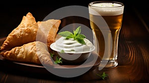 Dynamic Still Life: Snack Cup With Beer And Samosa