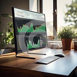 Dynamic Stock Market Charts on Modern Walnut Desk photo