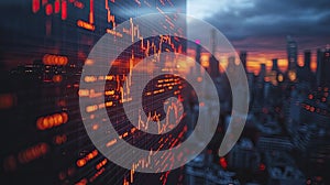 Dynamic Stock Market Display with Futuristic Cityscape Backdrop photo