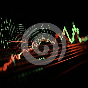Dynamic stock market chart with fluctuating red and green lines showing market volatility. Generative AI Illustration. photo