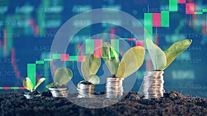 Dynamic stock rates, coins and plants on a multilayered display