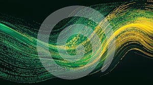 Dynamic stream of binary code in green and yellow, symbolizing data transfer and technology