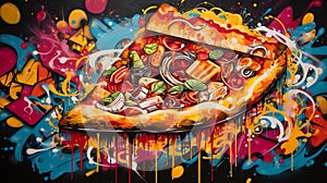 Dynamic Street Art: Hyper-Detailed Pizza Slice Amid Vibrant Graffiti Swirls