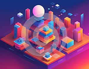A dynamic, structured isometric abstract representation of a data visualization UI with sleek,
