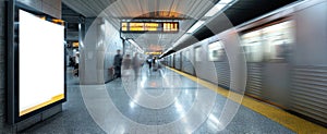 The dynamic subway station with blurred passengers and moving train. AI generated image
