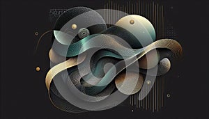Dynamic Tech Elegance: Matte Black, Emerald Green, and Gold Abstract Halftone Art with Flowing Motion photo