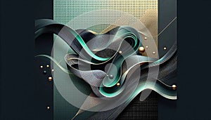 Dynamic Tech Elegance: Matte Black, Emerald Green, and Gold Abstract Halftone Art with Flowing Motion photo