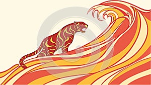Dynamic Tiger Leaping Over Wavy Fire or Water, vector design Generative AI photo