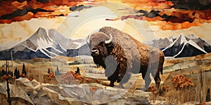 A dynamic torn paper collage portraying majestic bison in its natural habitat