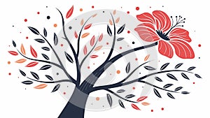 Dynamic Tree with RedOrange Flower, Artistic Flow, vector design Generative AI