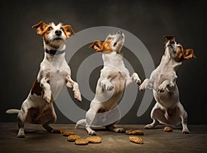 Dynamic Trio Jack Russell Terriers Snatching Treats - Generative AI