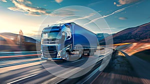 Dynamic Trucking in Motion, Blue Semi-Truck on Highway at Sunset. Commercial Transportation, Beautiful Sky. Speed and