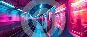 Dynamic Underground Journey Neon Pink And Blue Hues Energize Swiftly Moving Subway Train