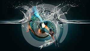 Dynamic underwater action as a kingfisher dives to catch a fish.