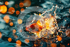 Dynamic Underwater View of Fish with Splashing Water and Radiant Sunlight Beams