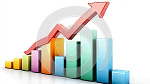 A dynamic upward arrow rises over colorful bar graphs representing fluctuating data trends and chaos in analytics photo