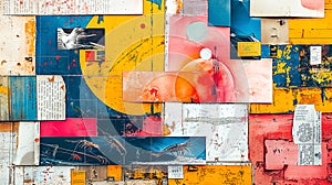 A dynamic urban collage featuring a mix of vibrant colors, geometric shapes, and textural contrasts, embodying the raw spirit of
