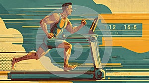 Dynamic  illustration of man on treadmill with fitness tracker display in retro style