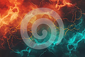 A dynamic vibrant background with jagged lightning-like streaks of orange, teal, and crimson red on Ai ganerated photo