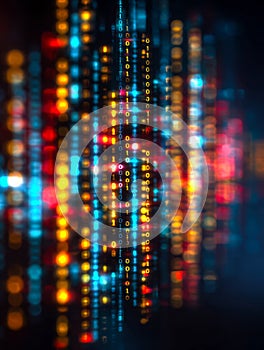 Dynamic visual representation of digital data and binary code in vibrant neon lights