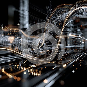 Dynamic Visualization of Data Flow and Connectivity in a Futuristic Digital Landscape with Light Trails and Complex Structures