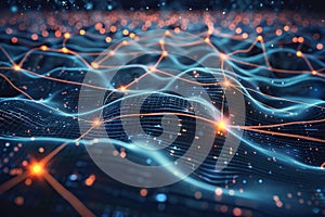 A dynamic visualization depicts a network of glowing nodes interconnected by flowing